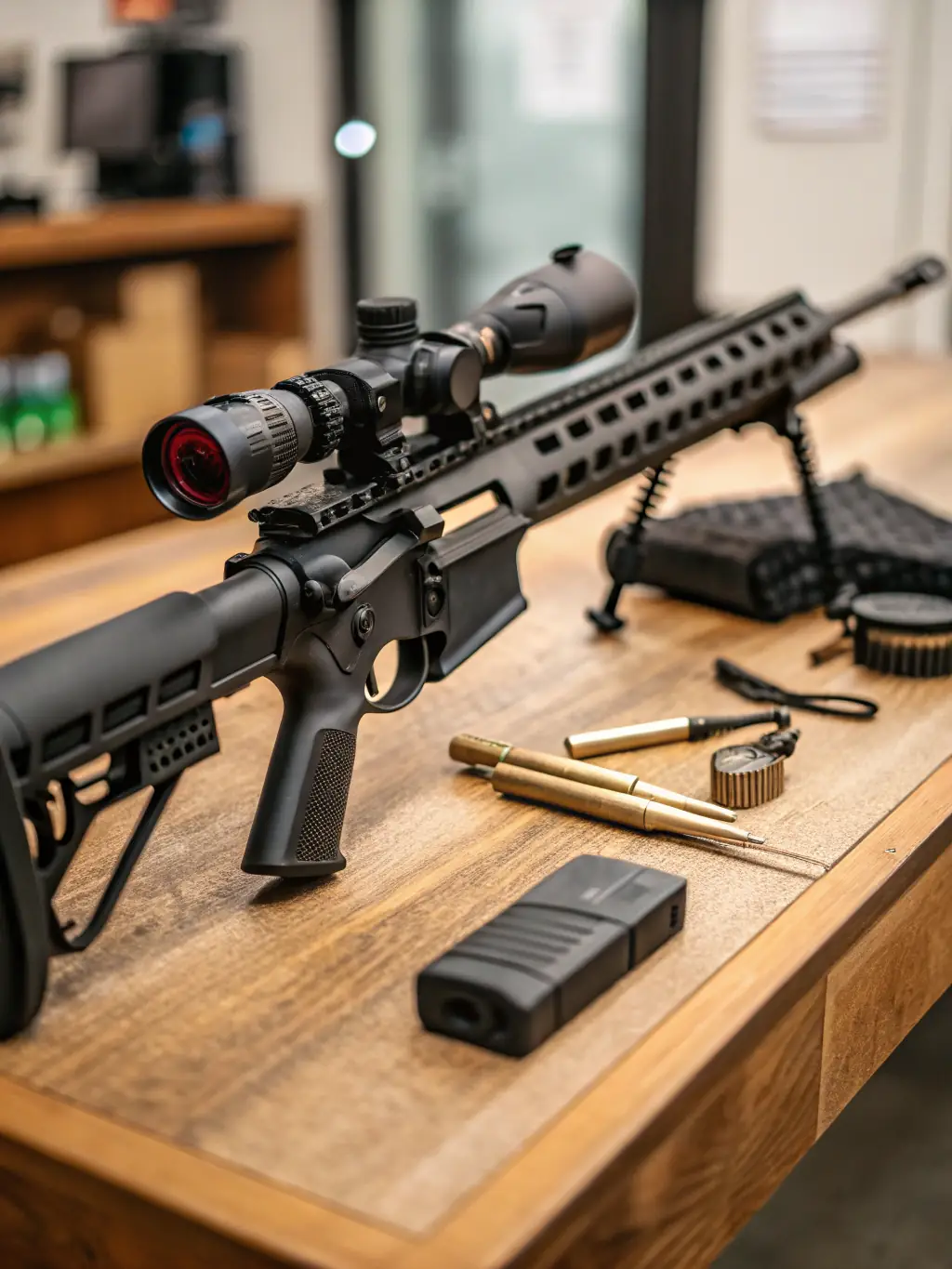 A photograph of a custom-built AR-15 rifle displayed at Refined Recoil, featuring high-end components, custom engravings, and a unique cerakote scheme.