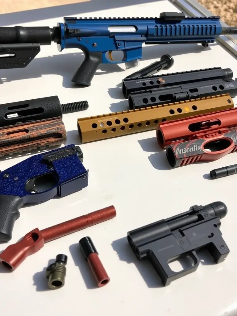 A close-up shot of an AR-15 receiver being meticulously coated with a vibrant red cerakote finish in Refined Recoil's workshop, highlighting the precision and attention to detail.