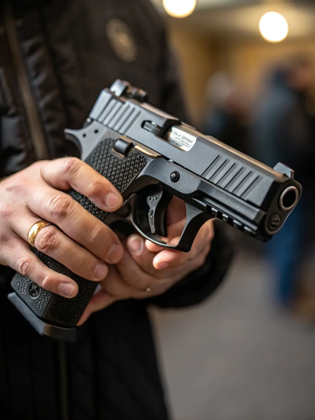 A detailed image showcasing intricate laser engraving on a pistol slide at Refined Recoil, demonstrating the capability to add custom text, logos, or designs.